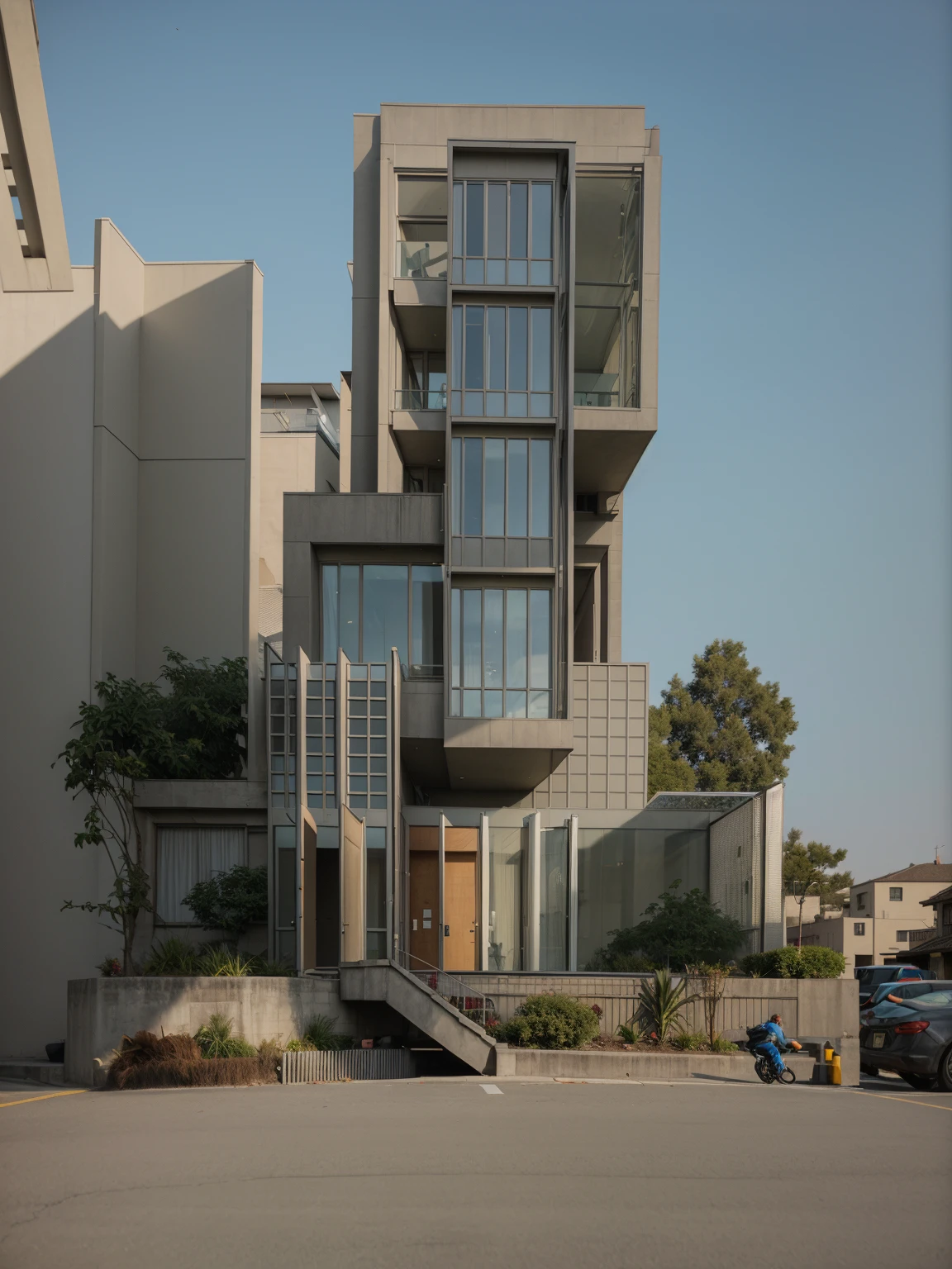 Exterior, morden house, dynamic light, curve linear, busy traffic, "The sidewalks have many trees", (There are many cars on the road), ((wide sidewalk)), (background trees), realistic photo, ((noon light))