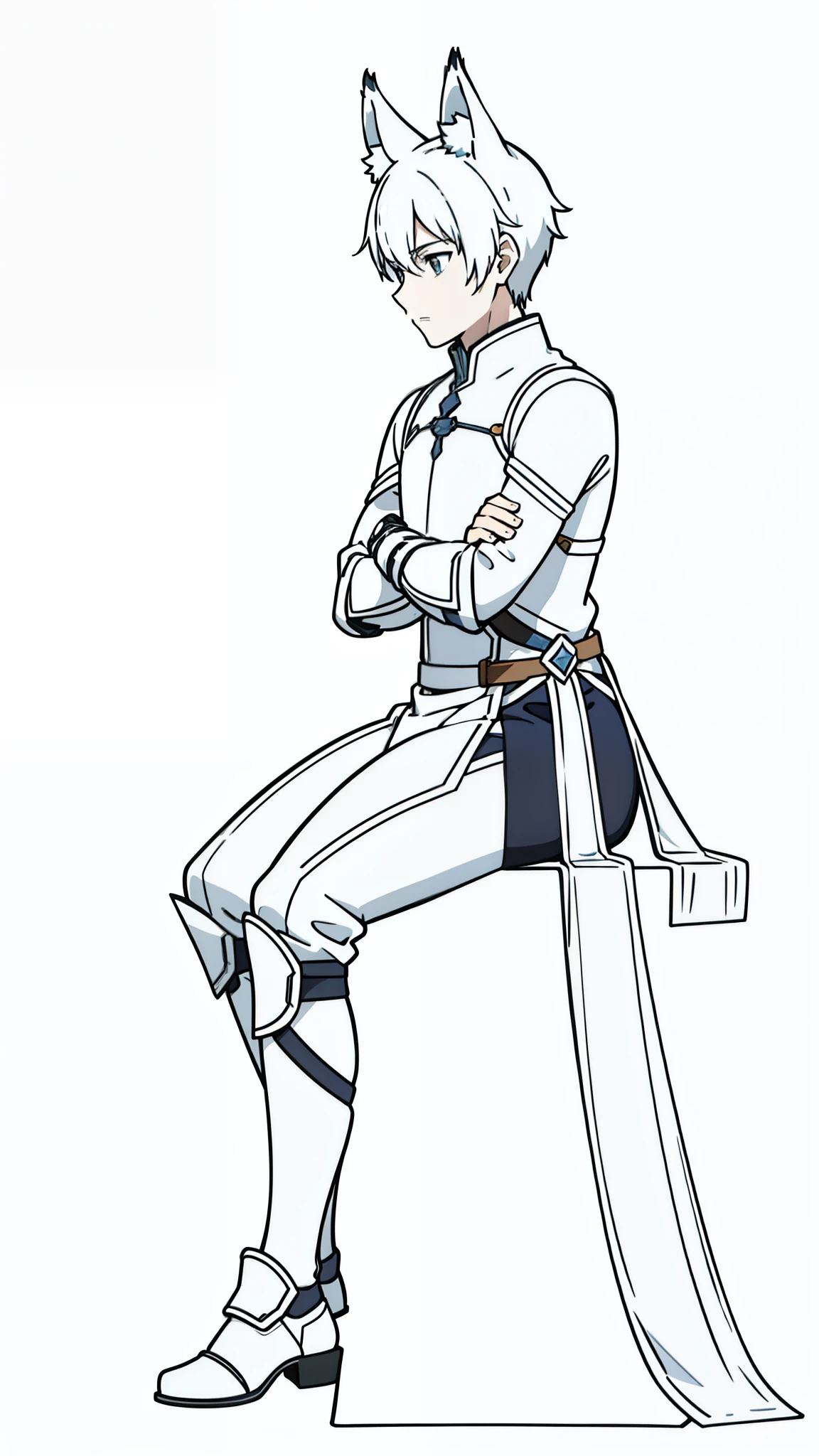 (1boy,),short hair,solo,white armor ,white hair,fox ears,(white background,line drawing),sitting,from side, looking away,full body,serious,crossed arms