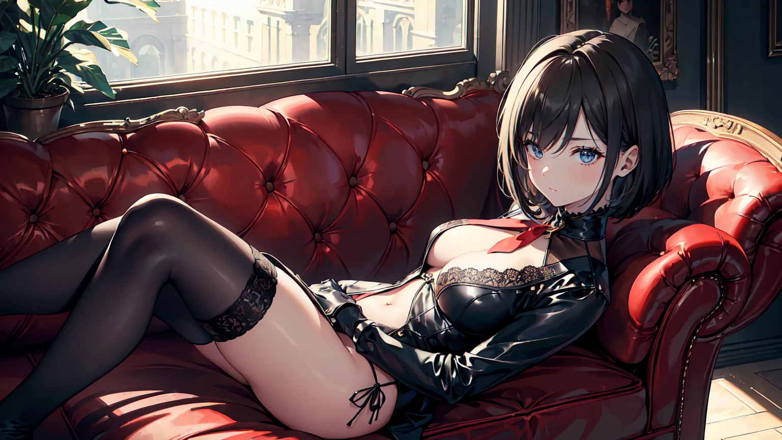 (Masterpiece, Best Quality, Ultra High Resolution , Digital Art,Beautiful and Aesthetic ) . ( One Fashionable adult girl with a short oblique bob, slender figure, expressive and dominating look ) in modern men's suit in youth style , matte black color , lovely thin white but long tie , (silk thick threads of red color connect the necklines on the sides of the whole suit) , . The character sits on a large massive sofa with lots of leather and metal patterns on it in vintage style , an interesting and atmospheric pose that characterizes the character ,(Photorealistic style combined 2.5D . Realistic picture , realistic anatomy , beautiful perspective . Best image quality , depth , pastel color , Natural shading , focus on the face , Big Hair ( black with red gelding ) , well detailed eyes , detailed background in modern boudoir style . ) .