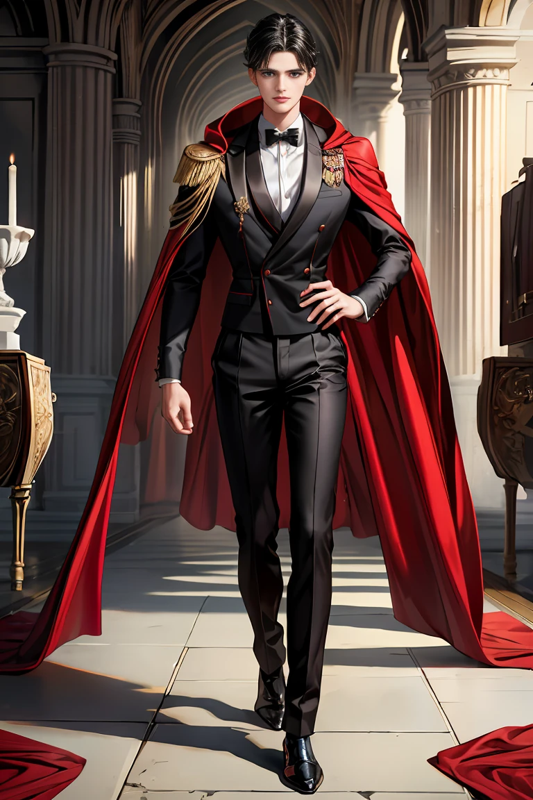masterpiece, 最high quality, high quality, 1 boy, alone, Male focus, Watching the audience, Messy black hair, Adorable big blue eyes, White people, Noble, Noble,Sexy voluminous black and red cape、Tuxedo、A very voluminous, large, very large, very large, long, long red and black cape with a high stand-up collar, reaching down to the floor, made of a lot of fabric., 17 years old,Cute beautiful boys,Cute, cute, kind, handsome guy