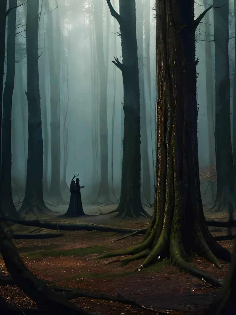 there are two birds that are sitting on a tree, a matte painting by John Howe, trending on cgsociety, gothic art, dark fantasy art, dark fantasy mixed with realism, dark fantasy forest, fantasy dark art, painting by john howe, concept art of a dark forest, dark fantasy setting, creepy forest, # mist # horror # magic # spell, southern gothic art
