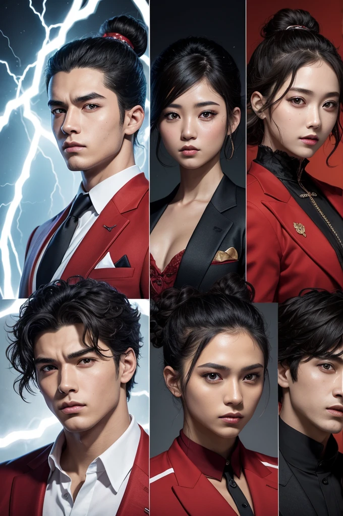 The cover features three versions of the same character, highlighting their different personalities and moods. The character in the middle has his arms crossed, short hair and looks directly at the viewer, symbolizing strength and introspection. To the left, the same character appears with a red suit and a samurai bun, positioned slightly behind the central character, representing elegance and strategy. on the right, He has medium, curly hair, holding a microphone and looking to the right, highlighting your passion and artistic expressiveness. All three have white eyes with a lightning effect., symbolizing intensity and pure energy.