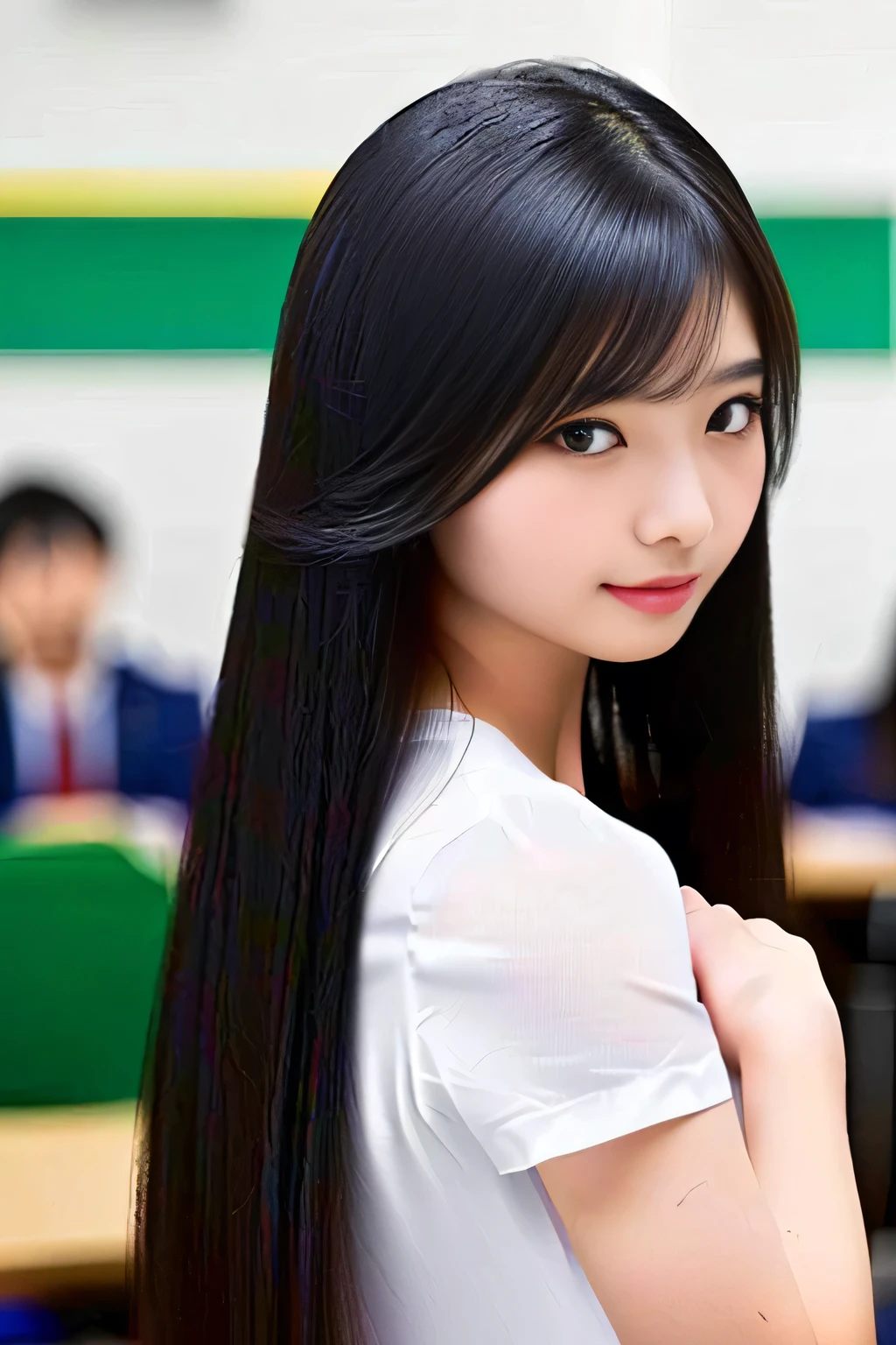 masterpiece, high resolution, Female teacher is giving a lecture,Frictionless black and shiny hair,Very thick hair,Black and shiny hair one meter long,The beautiful hair spun like a fan as the teacher turned around。