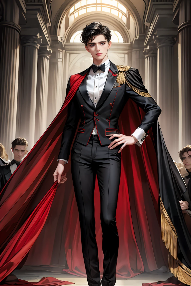 
masterpiece, 最high quality, high quality, 1 boy, alone, Male focus, Watching the audience,  Messy black hair, Adorable big blue eyes, White people, Noble, Noble,Sexy voluminous black and red cape、Tuxedo、A very voluminous, large, very large, very large, long, long red and black cape with a high stand-up collar, reaching down to the floor, made of a lot of fabric., 17 years old,Cute beautiful boys,Cute, cute, kind, handsome guy
