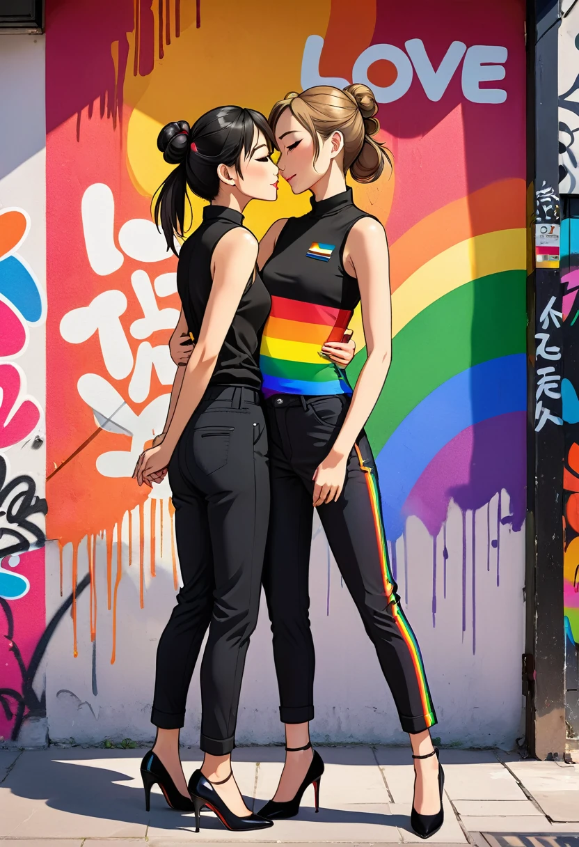 A vibrant and touching anime style illustration of two women expressing their love. FreenBecky's name "Love is Love" is written in bold, colorful graffiti-style letters, imitating the colors of the rainbow flag. The first woman is a British beauty with semi-long, loose, straight light brown hair, dressed casually in a black sleeveless shirt and black pants, with black high heels. The second woman, with Asian features, has black hair in a bun and wears a black sleeveless shirt with a lapel, black pants, and black high-heeled shoes. They hug her waist and hold a small rainbow flag each. The dynamic composition shows the depth of their connection and respect for each other. They pose gently for the cameras and are surrounded by flashes