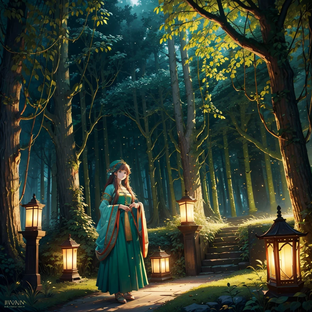 A breathtaking ultra-realistic 16K resolution image depicting an enchanting forest festival. The scene is set in an ancient woodland with towering, moss-covered trees that form a natural cathedral of greenery. Strings of glowing lanterns and fairy lights hang from the branches, illuminating the scene with a warm, magical glow. In the center, a majestic, intricately carved wooden stage hosts musicians playing traditional instruments. The crowd, dressed in vibrant, fantasy-inspired costumes, dances and celebrates. A beautiful woman with flowing auburn hair adorned with flowers, wearing an elegant, emerald green gown with gold embroidery, stands in the foreground, her expression joyful and captivating. Nearby, children chase luminescent butterflies and playful forest creatures. The atmosphere is ethereal and filled with a sense of wonder and timelessness, painted with vivid, cinematic colors and sharp focus, reminiscent of a scene from a fantasy novel. The lighting should highlight the natural beauty and mystical elements, creating an unforgettable visual experience.