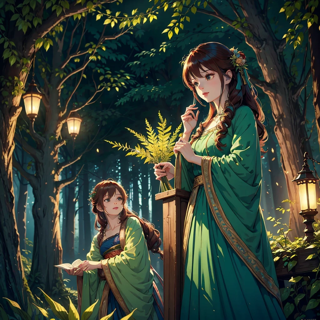 A breathtaking ultra-realistic 16K resolution image depicting an enchanting forest festival. The scene is set in an ancient woodland with towering, moss-covered trees that form a natural cathedral of greenery. Strings of glowing lanterns and fairy lights hang from the branches, illuminating the scene with a warm, magical glow. In the center, a majestic, intricately carved wooden stage hosts musicians playing traditional instruments. The crowd, dressed in vibrant, fantasy-inspired costumes, dances and celebrates. A beautiful woman with flowing auburn hair adorned with flowers, wearing an elegant, emerald green gown with gold embroidery, stands in the foreground, her expression joyful and captivating. Nearby, children chase luminescent butterflies and playful forest creatures. The atmosphere is ethereal and filled with a sense of wonder and timelessness, painted with vivid, cinematic colors and sharp focus, reminiscent of a scene from a fantasy novel. The lighting should highlight the natural beauty and mystical elements, creating an unforgettable visual experience.