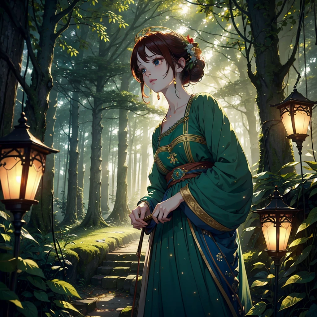 A breathtaking ultra-realistic 16K resolution image depicting an enchanting forest festival. The scene is set in an ancient woodland with towering, moss-covered trees that form a natural cathedral of greenery. Strings of glowing lanterns and fairy lights hang from the branches, illuminating the scene with a warm, magical glow. In the center, a majestic, intricately carved wooden stage hosts musicians playing traditional instruments. The crowd, dressed in vibrant, fantasy-inspired costumes, dances and celebrates. A beautiful woman with flowing auburn hair adorned with flowers, wearing an elegant, emerald green gown with gold embroidery, stands in the foreground, her expression joyful and captivating. Nearby, children chase luminescent butterflies and playful forest creatures. The atmosphere is ethereal and filled with a sense of wonder and timelessness, painted with vivid, cinematic colors and sharp focus, reminiscent of a scene from a fantasy novel. The lighting should highlight the natural beauty and mystical elements, creating an unforgettable visual experience.