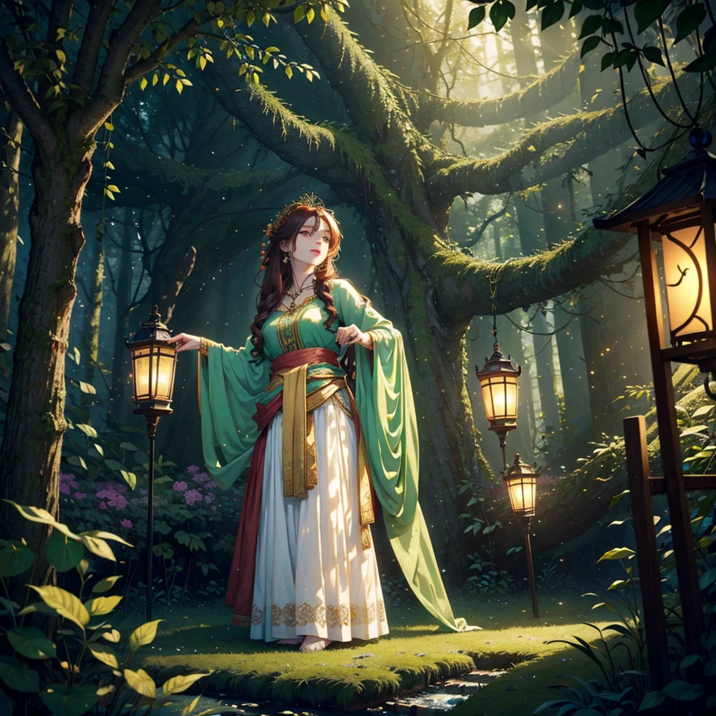 A breathtaking ultra-realistic 16K resolution image depicting an enchanting forest festival. The scene is set in an ancient woodland with towering, moss-covered trees that form a natural cathedral of greenery. Strings of glowing lanterns and fairy lights hang from the branches, illuminating the scene with a warm, magical glow. In the center, a majestic, intricately carved wooden stage hosts musicians playing traditional instruments. The crowd, dressed in vibrant, fantasy-inspired costumes, dances and celebrates. A beautiful woman with flowing auburn hair adorned with flowers, wearing an elegant, emerald green gown with gold embroidery, stands in the foreground, her expression joyful and captivating. Nearby, children chase luminescent butterflies and playful forest creatures. The atmosphere is ethereal and filled with a sense of wonder and timelessness, painted with vivid, cinematic colors and sharp focus, reminiscent of a scene from a fantasy novel. The lighting should highlight the natural beauty and mystical elements, creating an unforgettable visual experience.