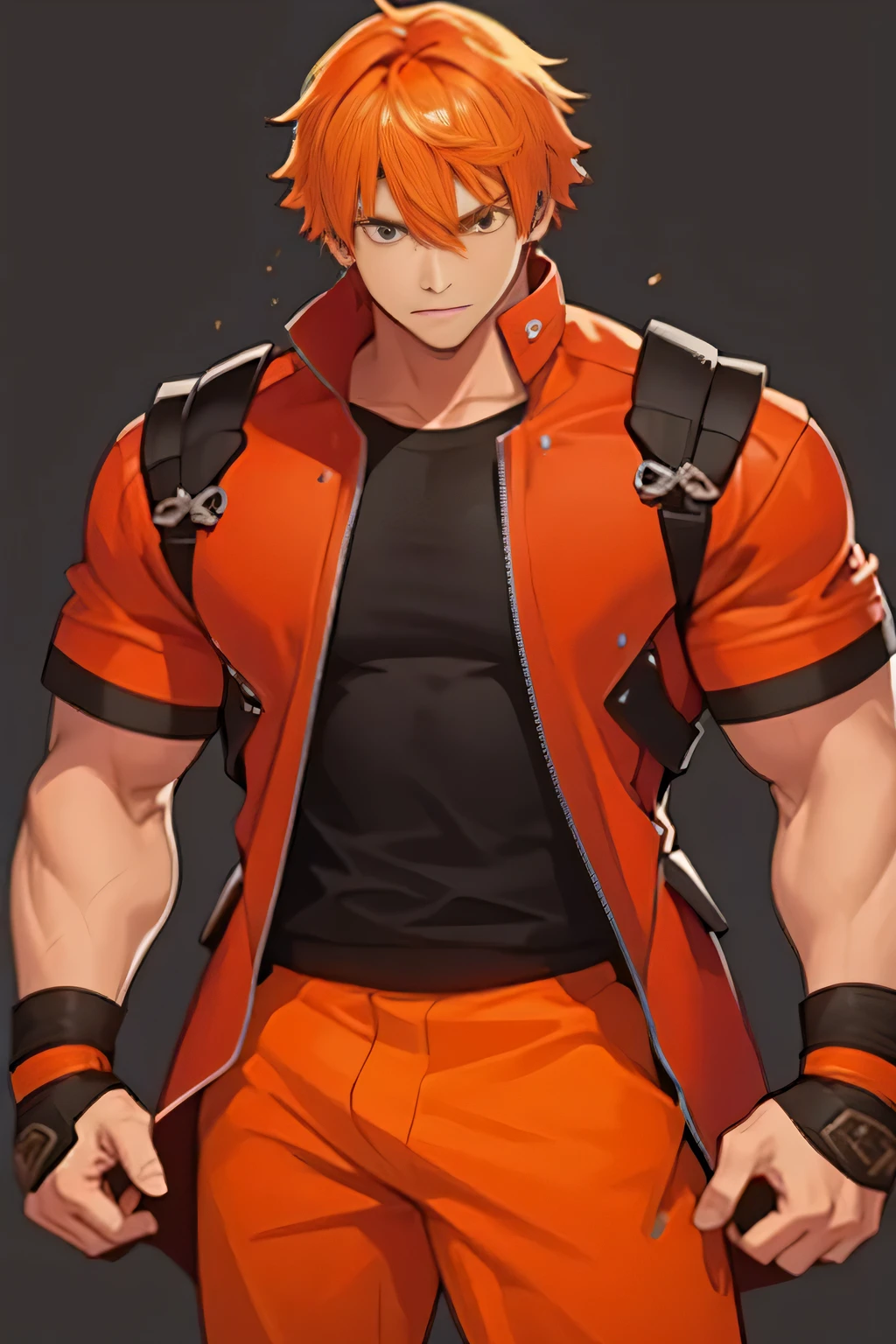 A -yeld maearing orange clothes tight to his body. orange hair Serious and defiant look stands with clenched fists