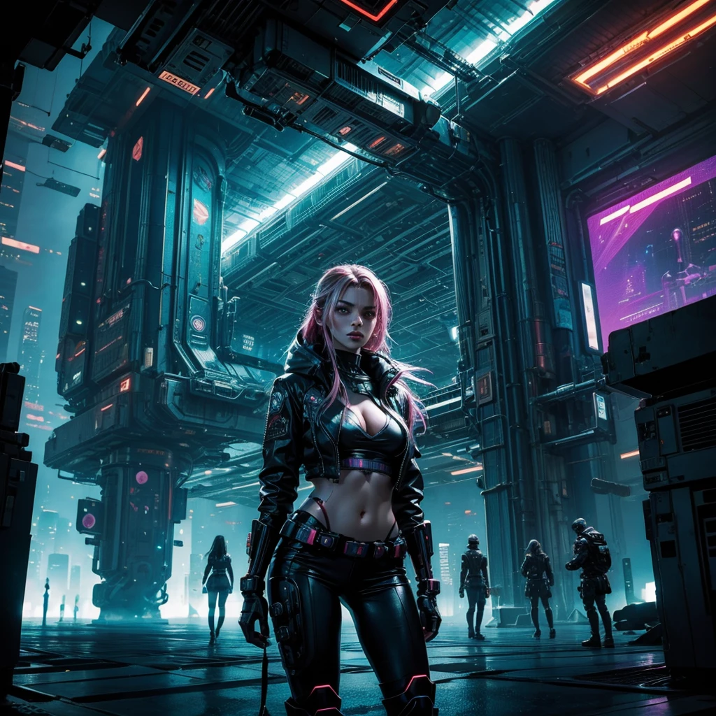A very hot and beautiful girl cyberpunk in a futuristic city looks around while being chased by an mysterous alien from space