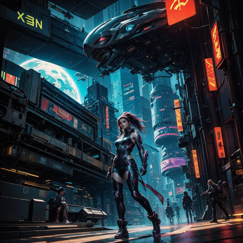 A very hot and beautiful girl  cyberpunk in a futuristic city looks around while being chased by an mysterous alien from space