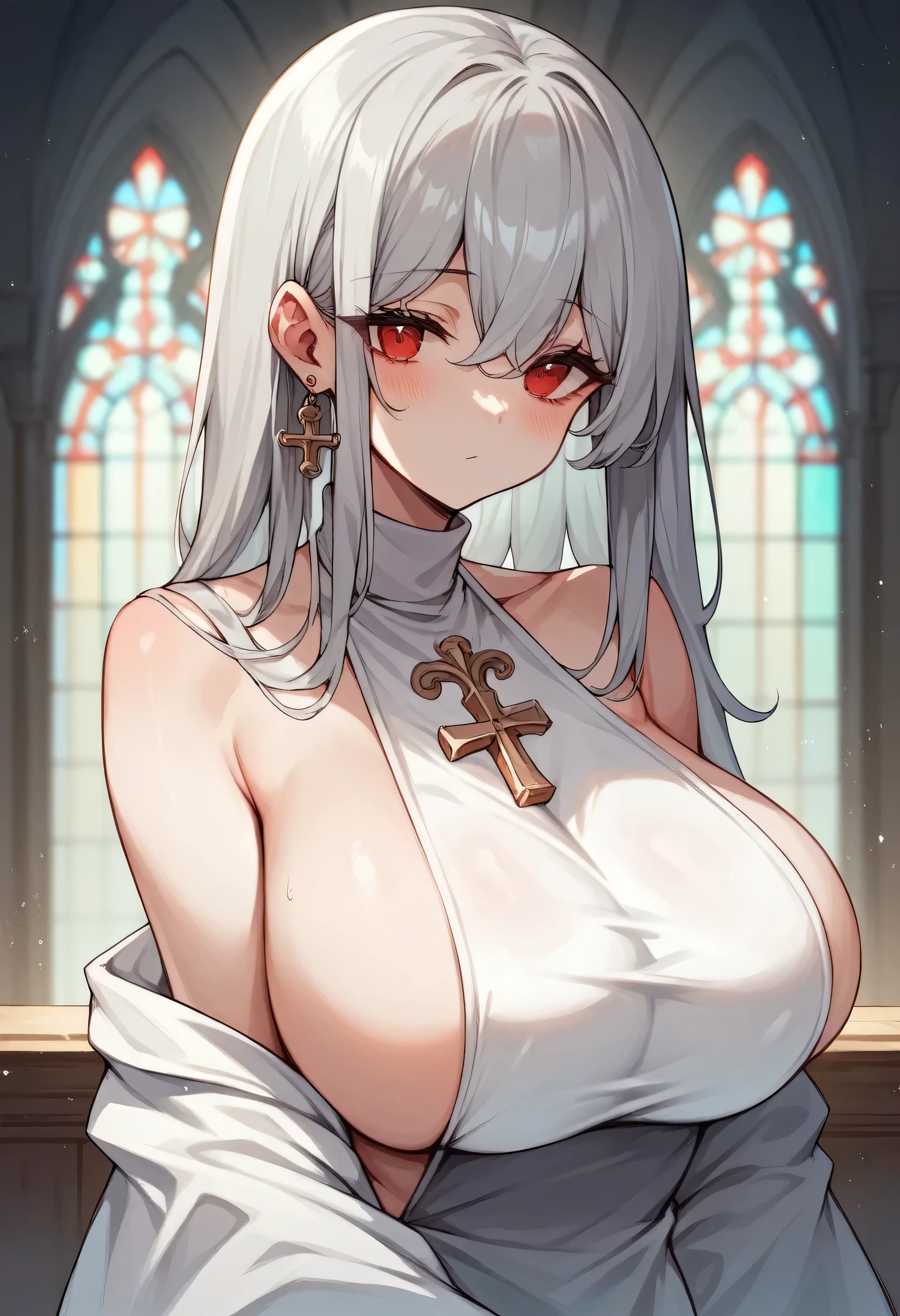 Highest quality　High resolution　Young beautiful woman　Red eyes　Gray hair Neat　Medium Perm　Cute Gentle Girl　Cat ear　Alluring bare shoulder blades　church　Breastfeeding services　A virgin killer with astonishing charm and huge breasts　Sexless　Breast milk　Breathtaking　Nuns