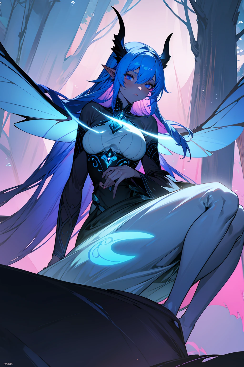 Create a fantasy-themed illustration of a female demon or dark elf character with striking, deep blue skin and long, flowing blue hair. Her eyes glow with an intense, otherworldly pink light, and she has long, pointed ears that enhance her mystical appearance. She also has a pair of large, bat-like wings that are vivid pink with light blue highlights and intricate patterns, extending majestically from her back.
The character is depicted sitting gracefully on a large tree branch in an enchanted forest, surrounded by ethereal blue butterflies and soft, glowing light filtering through the trees. She wears a form-fitting, dark outfit with gold accents that highlight her elegant and regal demeanor. The background is a misty, mystical forest scene with tall, shadowy trees and a magical ambiance, adding to the otherworldly atmosphere of the artwork.
The overall mood of the illustration should be enchanting, mysterious, and slightly eerie, capturing the essence of a powerful, otherworldly being in a magical forest setting.
