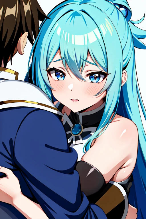 the anime character konosuba, called goddess Aqua, Hugging kazuma character from konosuba, saturated kazuma , her companion