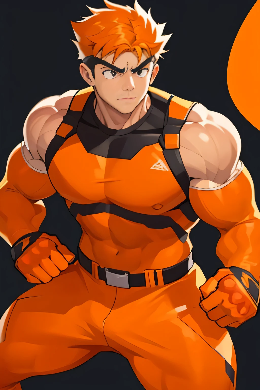 A 15-year-old man wearing orange clothes tight to his body. orange hair Serious and defiant look stands with clenched fists