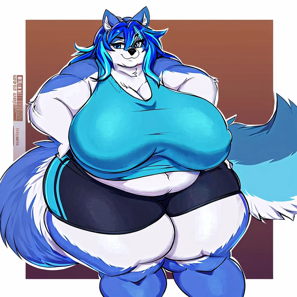 Malamute, female, long hair, gorgeous, beautiful, eyelashes, voluptuous, plump, belly rolls, fat arms, fat legs, ,tank top, shorts ,huge saggy breasts ,fringe on eye,heavy top, huge hips huge thighs heavy bottom ,sports bra,sports shorts, simple background , obese, belly rolls, fat rolls, belly rolls,belly overhang,rolled up tail,  blue body, light blue stripes,blue highlights ,white,whitehighlights, blue highlights, blue stripes,blue hair,huge butt, blue eyes,blue thigh markings,huge breasts,