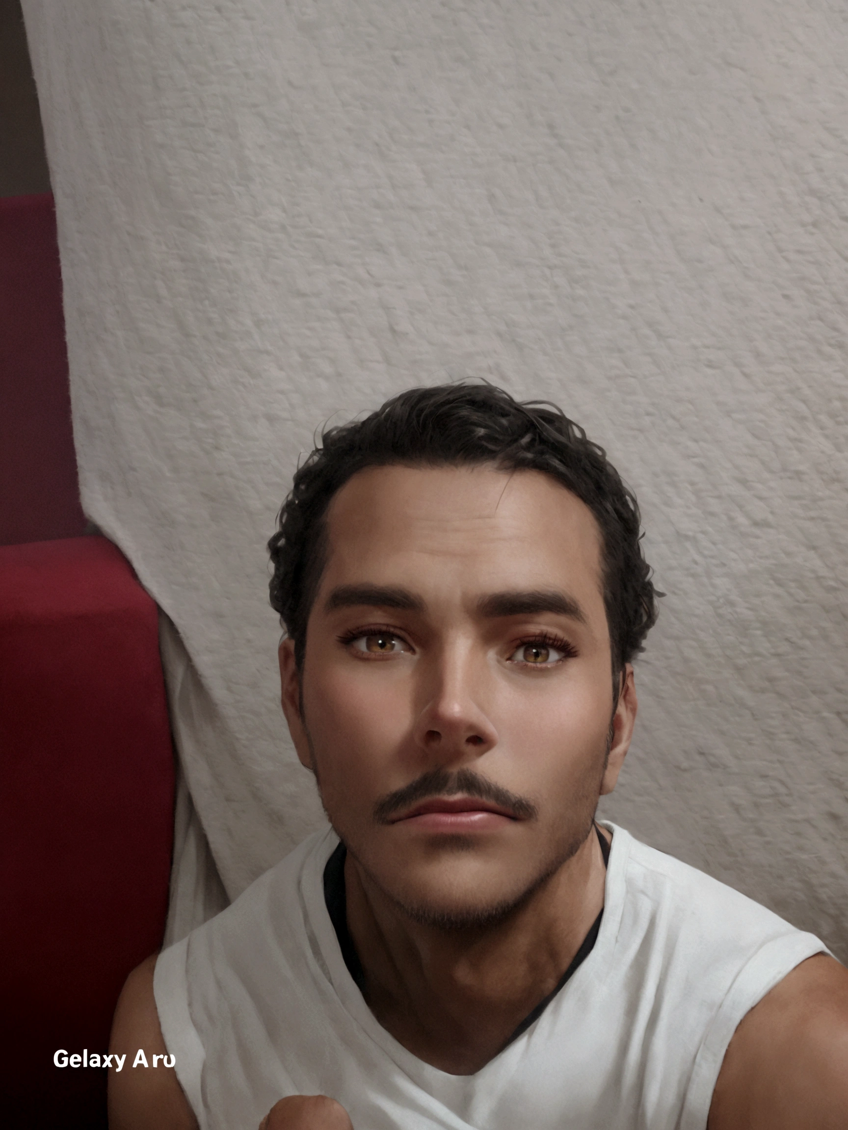 Man in white tank top looking at camera