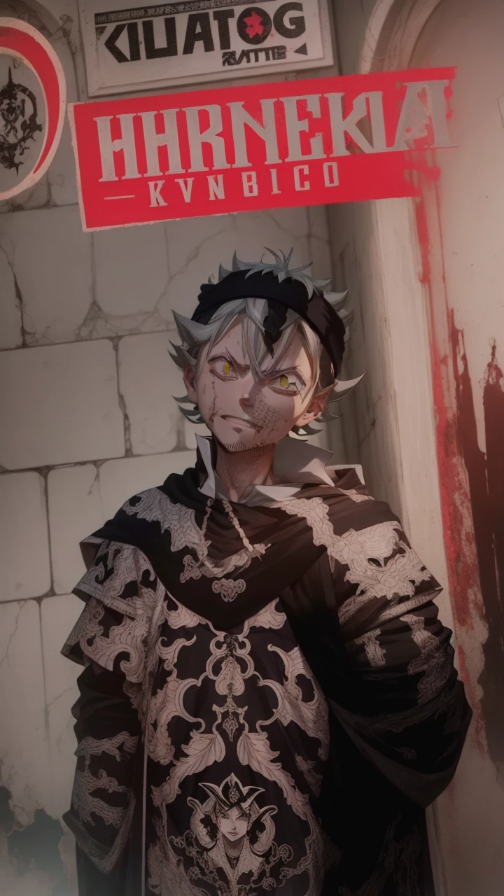 Asta, BlackCover Anime, white hair, smile, one eye is green and the other is red, he has a long sword in his hand, a drawing of a man with red eyes, screenshot from black clover, otaku gangasta, killua zoldyck, killua zoldyck portrait, demon slayer, ufotable studio art style, killua zoldyck black hair, kimetsu no yaiba, kentaro miura!, anime epic artwork, ufotable art style