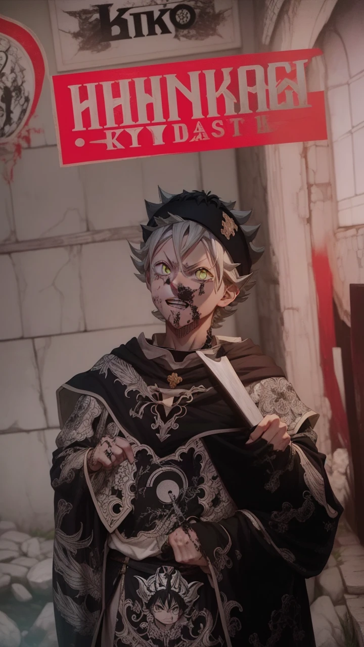 Asta, BlackCover Anime, white hair, smile, one eye is green and the other is red, he has a long sword in his hand, a drawing of a man with red eyes, screenshot from black clover, otaku gangasta, killua zoldyck, killua zoldyck portrait, demon slayer, ufotable studio art style, killua zoldyck black hair, kimetsu no yaiba, kentaro miura!, anime epic artwork, ufotable art style