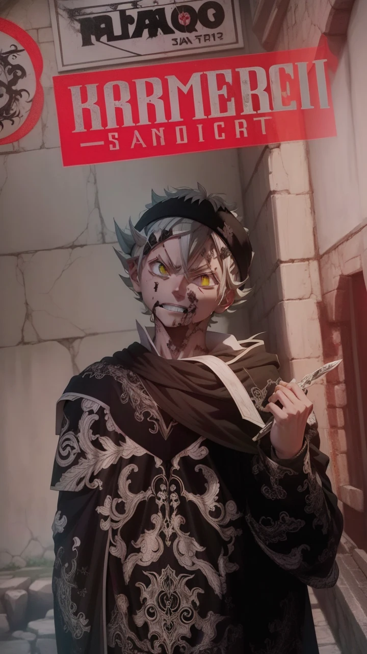 Asta, BlackCover Anime, white hair, smile, one eye is green and the other is red, he has a long sword in his hand, a drawing of a man with red eyes, screenshot from black clover, otaku gangasta, killua zoldyck, killua zoldyck portrait, demon slayer, ufotable studio art style, killua zoldyck black hair, kimetsu no yaiba, kentaro miura!, anime epic artwork, ufotable art style