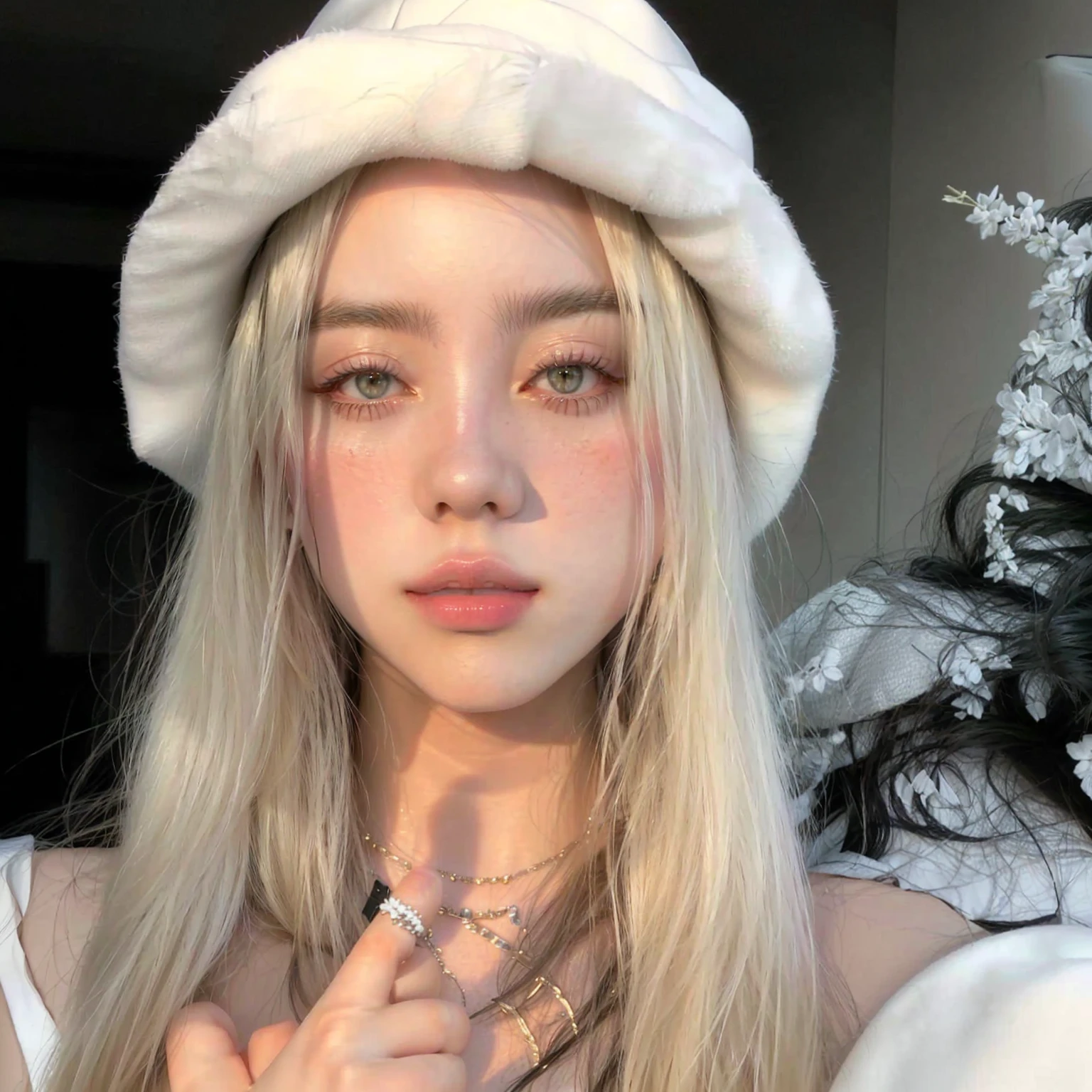 araffe woman with long blonde hair and a white hat making a peace sign, with white long hair, perfect white haired girl, ava max, with long white hair, extremely pale blond hair, belle delphine, white hime cut hairstyle, roseanne park of blackpink, girl with white hair, long white hair and bangs, very very pale blond hair , blackpink jennie , blackpink Lisa , asian famale face , cute girl , Korean famale