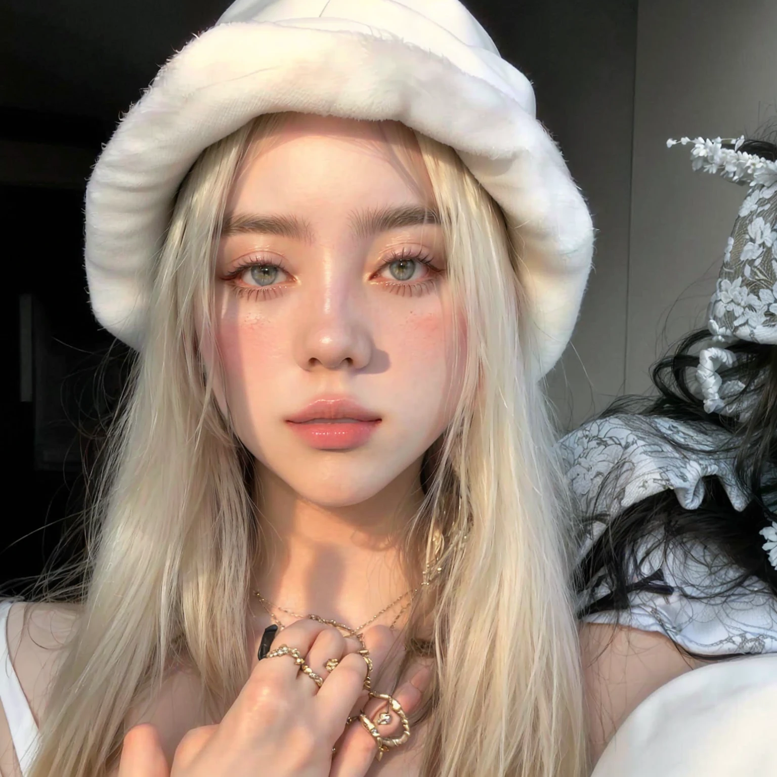araffe woman with long blonde hair and a white hat making a peace sign, with white long hair, perfect white haired girl, ava max, with long white hair, extremely pale blond hair, belle delphine, white hime cut hairstyle, roseanne park of blackpink, girl with white hair, long white hair and bangs, very very pale blond hair , blackpink jennie , blackpink Lisa , asian famale face , cute girl , Korean famale