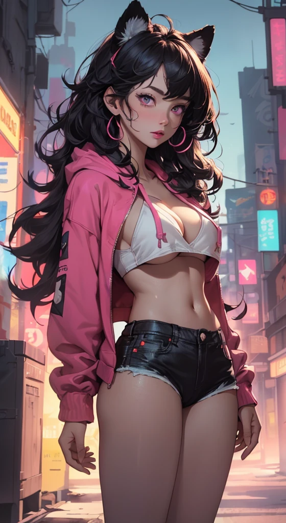 girl spacepunk,(((1girl))),((anime girl with extremely cute and beautiful black hair cat ears walking seductively down the street)),

(large breasts:1.4),saggy breasts,((((black wavy bob hair:1.35,messy hair,colored inner hair,large hair,absurdly long unkempt hair,long hair,ear breathing)))),((((cat ears,cat ears on head,big cat ears)))),((pink eyes:1.3,upturned eyes:1.3,perfect eyes,beautiful detailed eyes,rainbow glows ultra-detailed deep pink purple eyes:1.1,gradient eyes:1,finely detailed beautiful eyes:1,symmetrical eyes:1,big highlight on eyes:1.2)),((fat)),(((lustrous skin:1.5,bright skin: 1.5,skin tanned,shiny skin,very shiny skin,shiny body,plastic glitter skin,exaggerated shiny skin))),(spider lower abdomen,narrow waist,wide hip,athletic body,inflated legs,delicate detailed fingers,detailed body,detailed arms,human hands,(detailed face)),

cute,slutty,seductive,erotic,(((nsfw))),

zettai ryouiki,revealing clothing,show skin,((((underboob)))),(cleavage),(semi-naked,with little clothing,((tiny thong)),bare legs,visible thong straps),((((crop top hoodie,cropped hoodie,hoodie,hoodie intricate)))),((detailed outfit,detailed clothes)),

(dynamic pose:1.0),solo focus,embarrassed,centered,scale to fit dimensions,Rule of thirds,

outdoors,((night view)),(very pretty city neon synthwave,cyberpunk night street Background:1.5,dark sky,thick clouds),future vehicles,((neon lights)),thick clouds,(cyberpunk style,neon lights, (synthwave theme background),  street),(((detailed background:1.25))),

(best quality,high resolution,sharp focus,ultra detailed,extremely detailed,extremely high quality artwork,(realistic,photorealistic:1.37),8k_wallpaper,(extremely detailed CG 8k),(very fine 8K CG),((hyper super ultra detailed perfect piece)),flawless,(((masterpiece))),illustration,vibrant colors,(intricate),High contrast,Selective lighting,Double exposure,HDR (High Dynamic Range),Post-processing,Background blur,