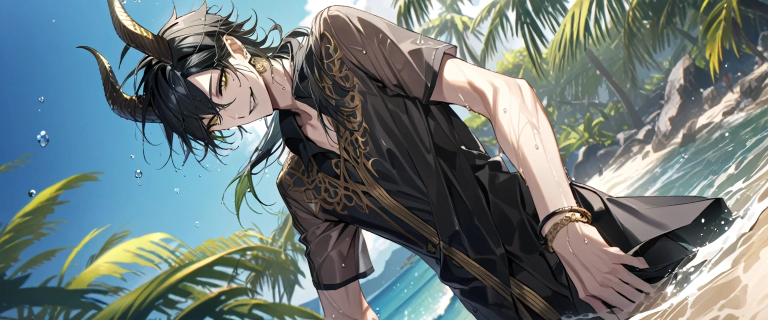 ((masterpiece:1.4, best quality)), (Ultra detailed background), 1boy, handsome man, highly detailed beautiful face and eyes, white hair, beautiful eyes, (sharp detail:1.3), shiny, earrings, bracelet, (wet clothes:1.3), Shirts, Bari, Cebu Island, plumeria, near the beach, stretch,lie on one's back, dynamic angle, malleus draconia (twisted wonderland) horns, bishounen, boy, male, yana Toboso style, long hair, black hair, yellow green eyes, smile, gray lips, handsome, skinny, tall, yellow green glow,