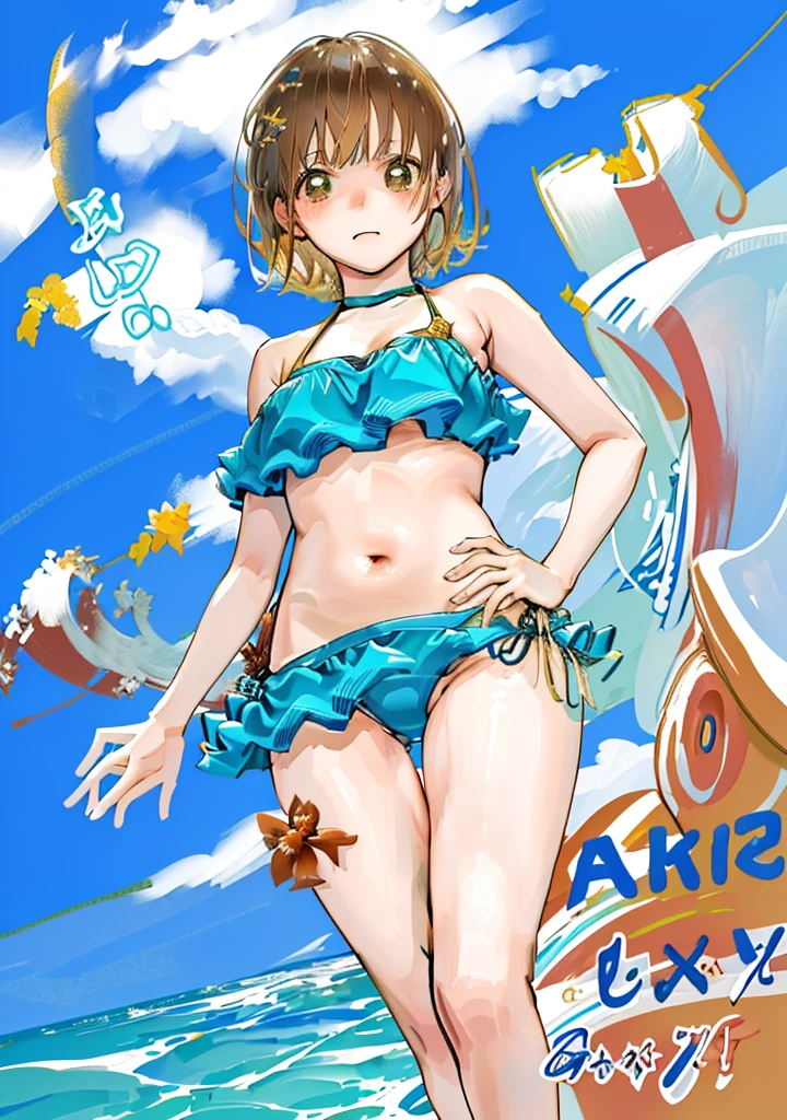 Chestnut Hair、short hair、Cute Bikini、Cute Swimsuit、Beachside、Ocean、Moist、looks fun