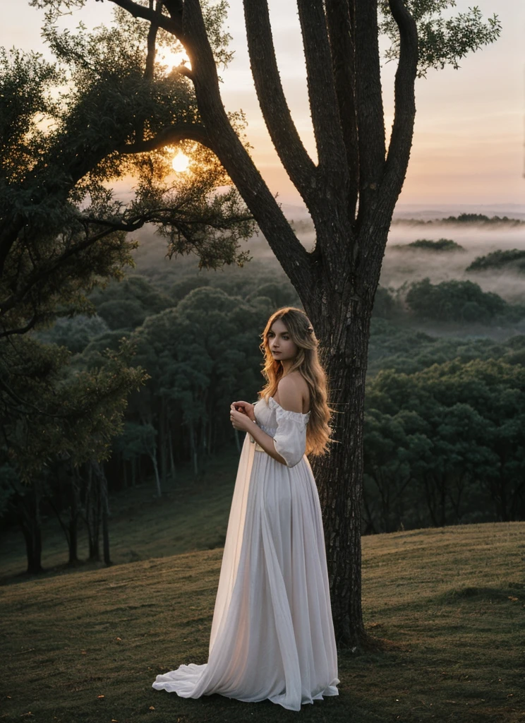 Atop a mist-covered hill, a vampire with long white hair pauses to admire the sunset. Wrapped in a flowing dark-gothic dress that gently sways with the twilight breeze, her figure appears ethereal against the sky painted in hues of gold and purple. Her eyes, deep and enigmatic, reflect the last light of the slowly fading day. Around her, twisted trees seem to lean towards her as if acknowledging her ancientness and power. The air is filled with the stillness of dusk, while the world embraces the tranquility before the night.