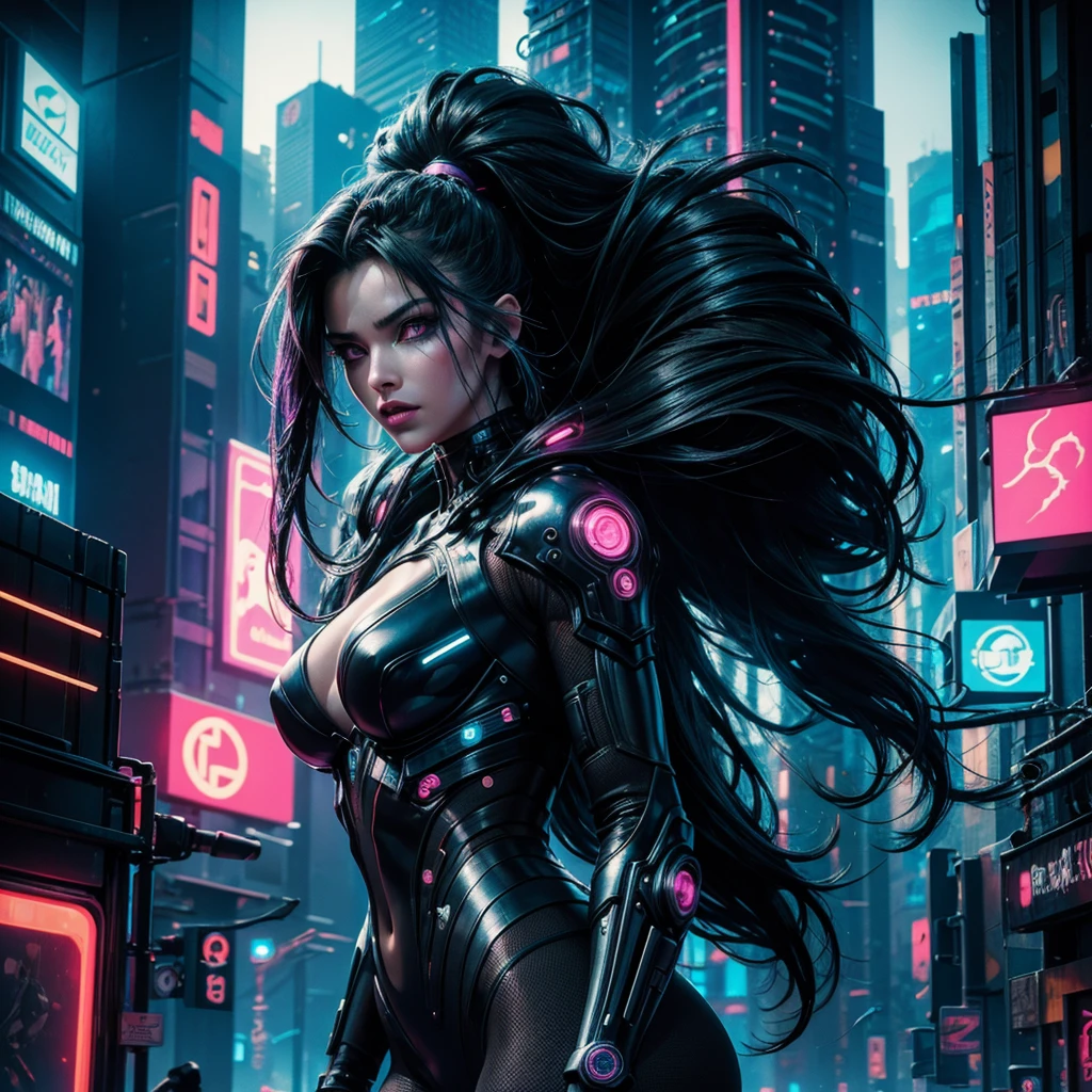 A cyberpunk girl, highly detailed, beautiful face, piercing eyes, lush lips, flowing hair, slender figure, futuristic cyberpunk city backdrop, neon lights, skyscrapers, chase scene, mysterious alien pursuer, dramatic tension, cinematic composition, vivid colors, hyper-realistic, 8k, best quality, masterpiece