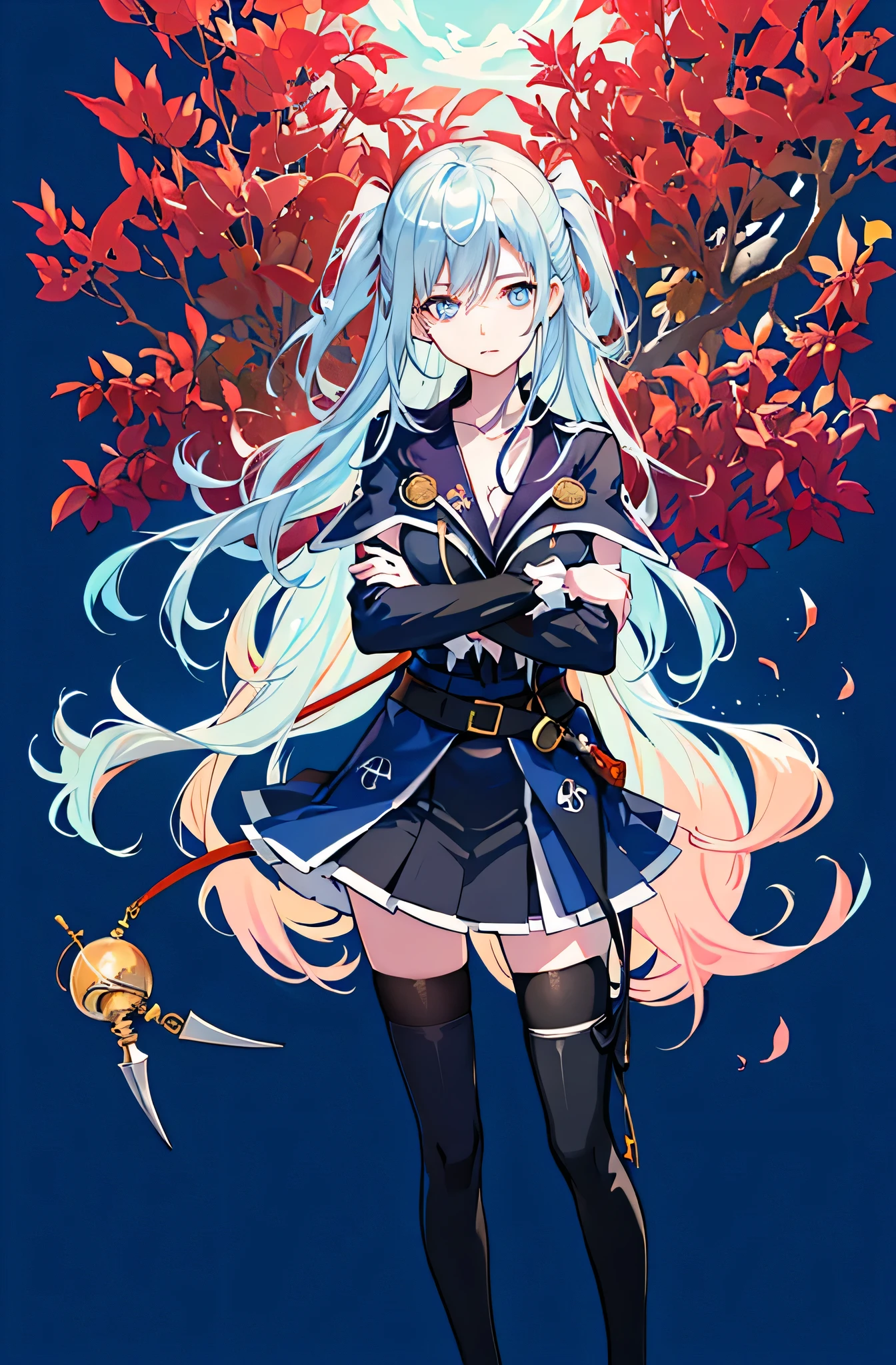 1girl, solo, outdoors, long hair, holy place, Original,(Illustration:1.1),(Best Quality),(masutepiece:1.1),(the Extremely Detailed CG Unity 8K Wallpapers:1.1), (Colorful:0.9),(mid-shot:0.95),(extremely detailed beautiful face),(Solo:1.2), (girl),(((Lori))), (Detailed beautiful eyes:1.15), (Beautiful face:1.15), (Glowing blue eyes:1.25////),(((sky blue Long Hair))),(two side up),(+perfect hand+:1.21),(Draw illustration of Japan priestess costume),(slender),(White pleated skirt),(Gothic),((black thighhighs)),(frilld),(Beautiful Slender Lolita Girl),hallowween,standing, girl,, girl,foggy place,vampire,sky blue hair,full body,whole body,