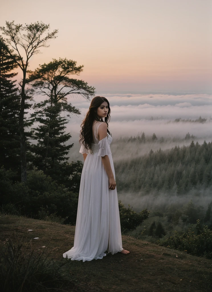Atop a mist-covered hill, a vampire with long white hair pauses to admire the sunset. Wrapped in a flowing dark-gothic dress that gently sways with the twilight breeze, her figure appears ethereal against the sky painted in hues of gold and purple. Her eyes, deep and enigmatic, reflect the last light of the slowly fading day. Around her, twisted trees seem to lean towards her as if acknowledging her ancientness and power. The air is filled with the stillness of dusk, while the world embraces the tranquility before the night.