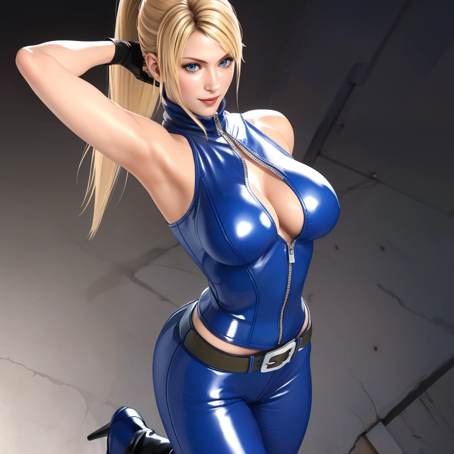 Sarah, blue eyes, very long hair, (most beautiful woman:2.0), (toned arms:1.4), (shiny skin:1.2), (skinny girl:1.5), (blonde hair:1.2), high ponytail, (detailed hair streaks:1.3), (armpit dirty:1.3), (free flowing hair streaks:1.3), floating hair, bodysuit, Shoulders exposed, (arms exposed:1.3), (medium breasts:1.3), (curvy figure:0.7), (hands behind back:1.4), (red lipstick:0.9), (tight blue bodysuit:1.1), belt ,(sleeveless:1.6), zipper, boots, high heels, earrings, (short fingerless gloves:1.4), BREAK masterpiece, 1 girl, RAW photo, (best quality:1.2), extremely delicate beautiful, very detailed, 2k wallpaper, amazing, fine details, extremely detailed CG Unity 8k wallpaper, super detailed, high resolution, (beautiful detailed girl:1.2), perfect anatomy, (shiny clothes:0.6), (big smile expression:1.2), (upper body:0.5), (Realistic, Photorealistic:1.0), (thin nose:1.2), (face focus:1.3), high nose bridge, (blue clothes:1.2)