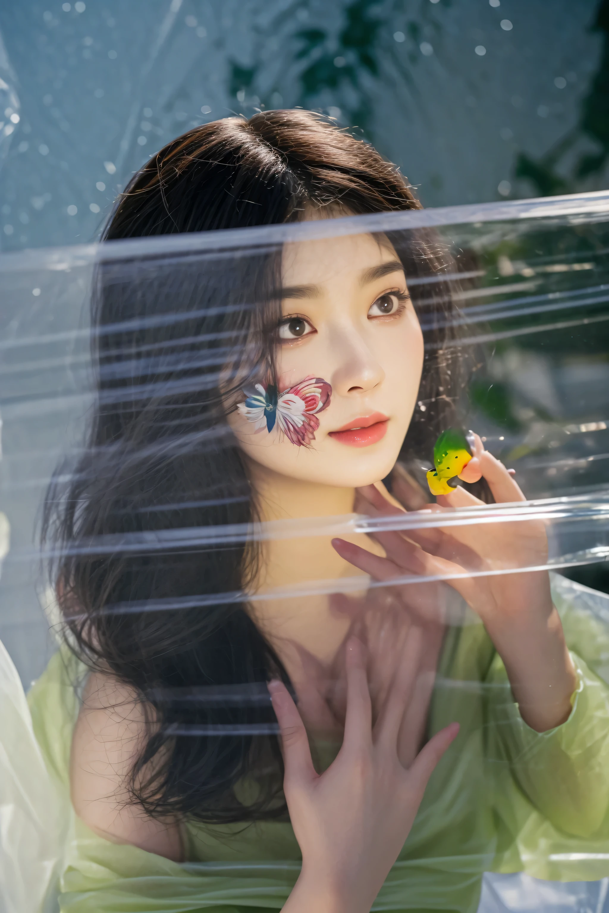 there is a woman with a bird on her face behind a plastic sheet, björk, korean artist, bjork, photo taken with nikon d 7 5 0, photo taken with nikon d750, high res, official artwork, taken with canon eos 5 d mark iv, jiyun chae, captured on canon eos r 6, taejune kim, tiffany