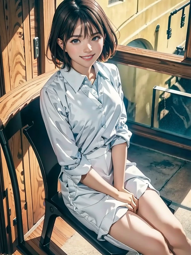 (8raw photo, 1girl, medium breast, collared blouse, light smile, detailed skin, simple background, Above the knee, sit on a chair, photorealistic, masterpiece, best quality, anatomically correct