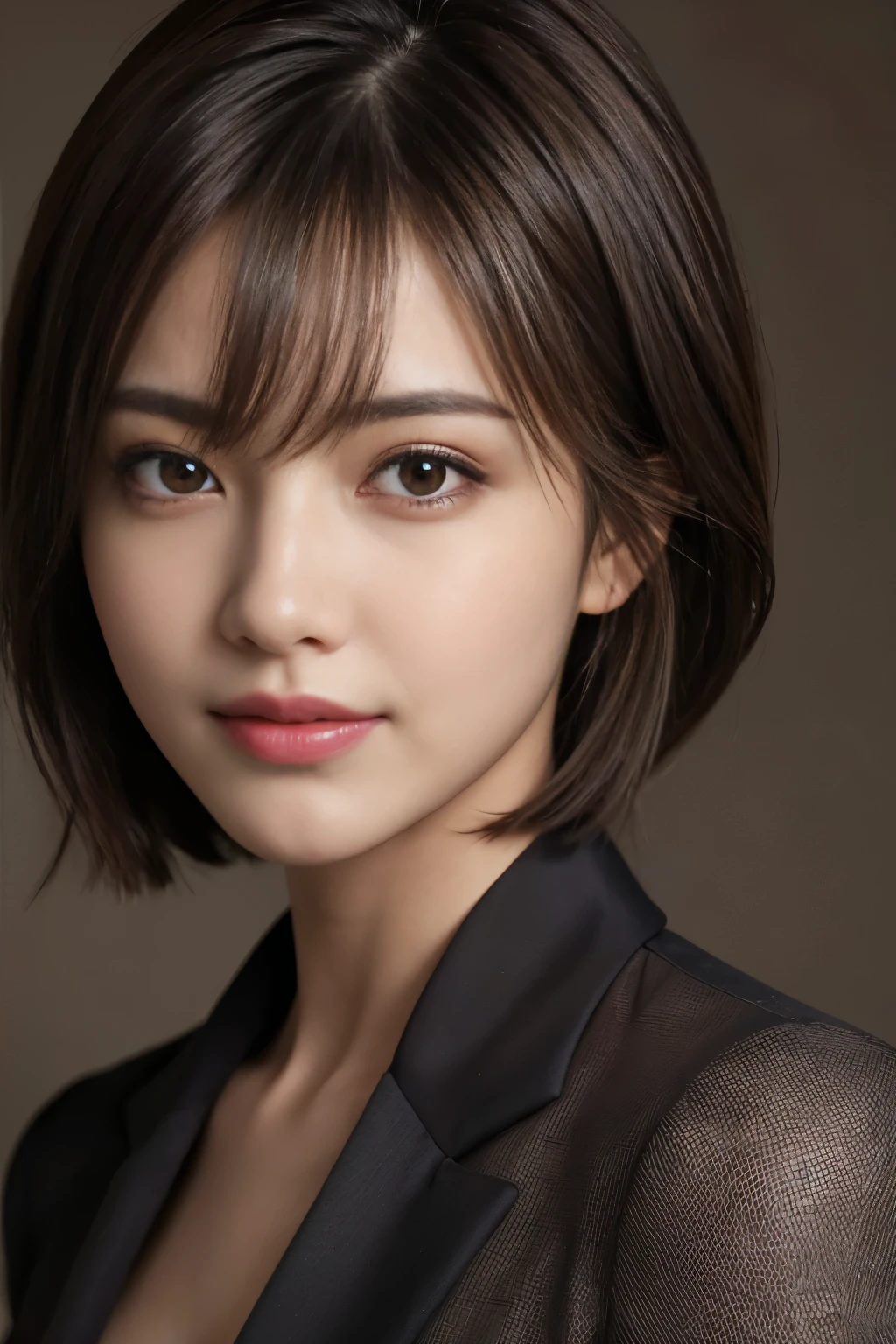 The best quality at its best, Realistically, Super detailed, More about pubic hair, High resolution, Plain background,8k wallpaper, One beautiful woman,,Light brown short hair, Wear a dark suit, Lock Focus, Perfect dynamic composition, Beautiful Eyes, Delicate hair, 细致Realistically的皮肤纹理, smile, Close-up portrait, Model Body Type