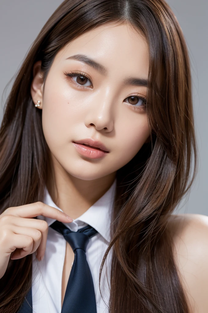 Beautiful Woman, Detailed Facial Features, Perfect Body Shape, Elegant Japanese Goddess, Gorgeous Chinese Model, Realistic and Lively, Piercing, Fashionable and Youthful, Solo Portrait, Close-Up Shooting, Brown Hair, Top Quality, 4k, 8k, High Definition, Masterpiece, Super Detail, In Color Vivid Close-Up Portraits, Studio Lighting, Physically Based Rendering, Sharp Focus, Professional Photographer, Blonde Hair, Uniforms, Suits