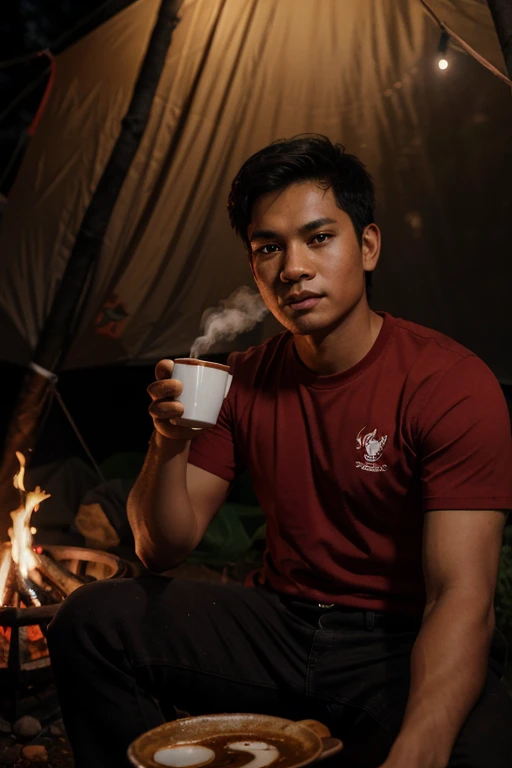 A realistic caricature image of an Indonesian youth sitting in front of a tent, holding a steaming cup of coffee, wearing a red shirt, with a nighttime forest background and a campfire in the scene.
