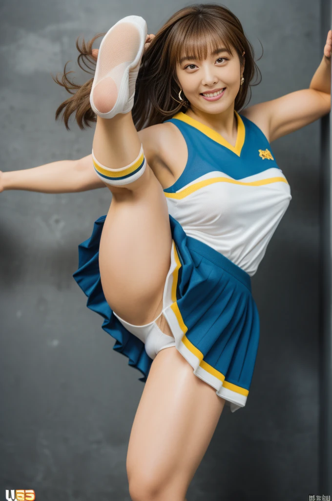 ultra-detailed, (perfect anatomy:1.3999), (close-up shot, dynamic shot, front view:1.399), (ultra beautiful perfect detailed smile face:1.3999), (finely ultra-detailed eyes:1.3999), slim waist, curvy hourglass figure, perfect and proportional body, (((glamorous athletic Japanese girl in her twenties, one leg up, high kick:1.25))), beautiful Asian actress face, ((thick thighs:1.399)), fit curvy physique, inverted body type, attractive feminine curves, ((gigantic :1.25)), (((thick voluptuous arms and legs:1.399))), feminine curvy figure, (style of plump voluptuous body), (plain white over-the-calf socks, bare knees:1.25), masterpiece, highres, best quality, (realistic), photo-realistic, RAW photo, ultra-detailed, CG, unity, 8k wallpaper, extremely detailed CG, extremely detailed, an extremely delicate and beautiful, extremely detailed, Amazing, finely detail, official art, High quality texture, incredibly absurdres, huge file size, photorealistic, ((HaruCheerUniform, blue skirt)), (katoemiri, mature :1.25), blue pleated mini skirt, white sleeveless tops, plump, (bare knees, bare arms, bare elbows, bare shoulders), white sneaker,