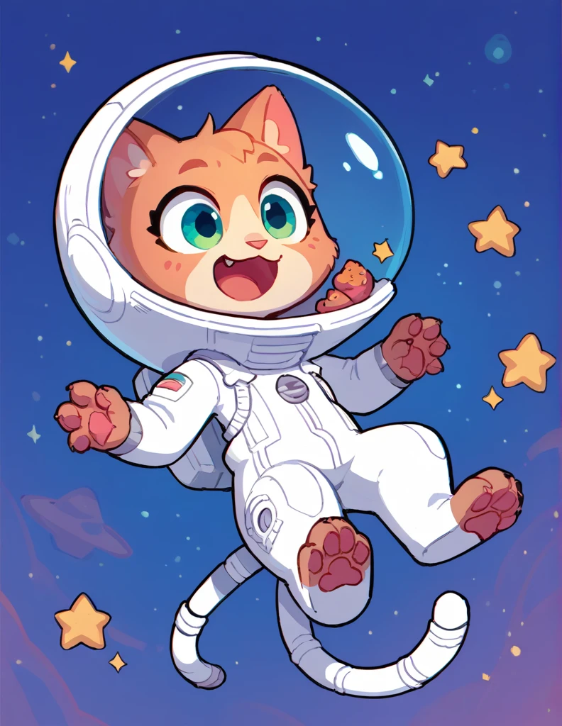 The Q version of the cute furry cat, flying in the space, spacesuit, cute, stars, space, having fun, excited expression, paws, beans