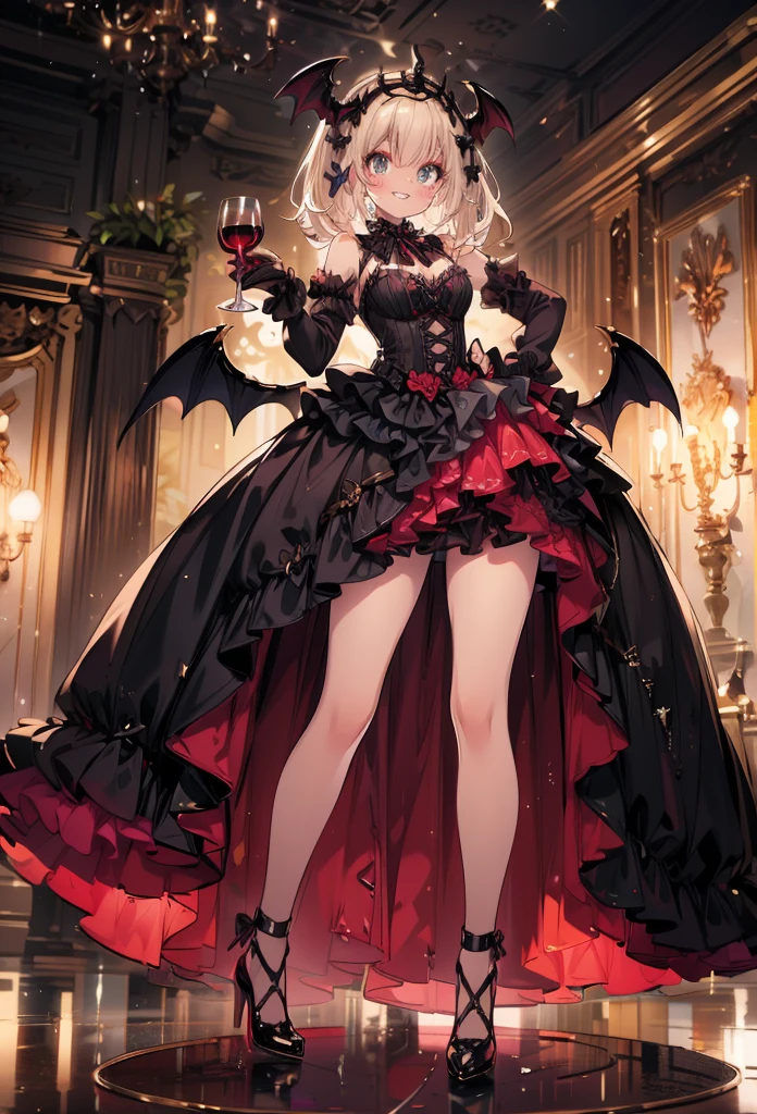 masterpiece, best quality, high resolution, extremely detailed CG, absurdres, highres, 1girl, solo, a vampire girl in  gothic costume, stands with a brandy glass filled with red wine, bat_wings on head, heels, frills, luxury hall, Colorful portraits, grin