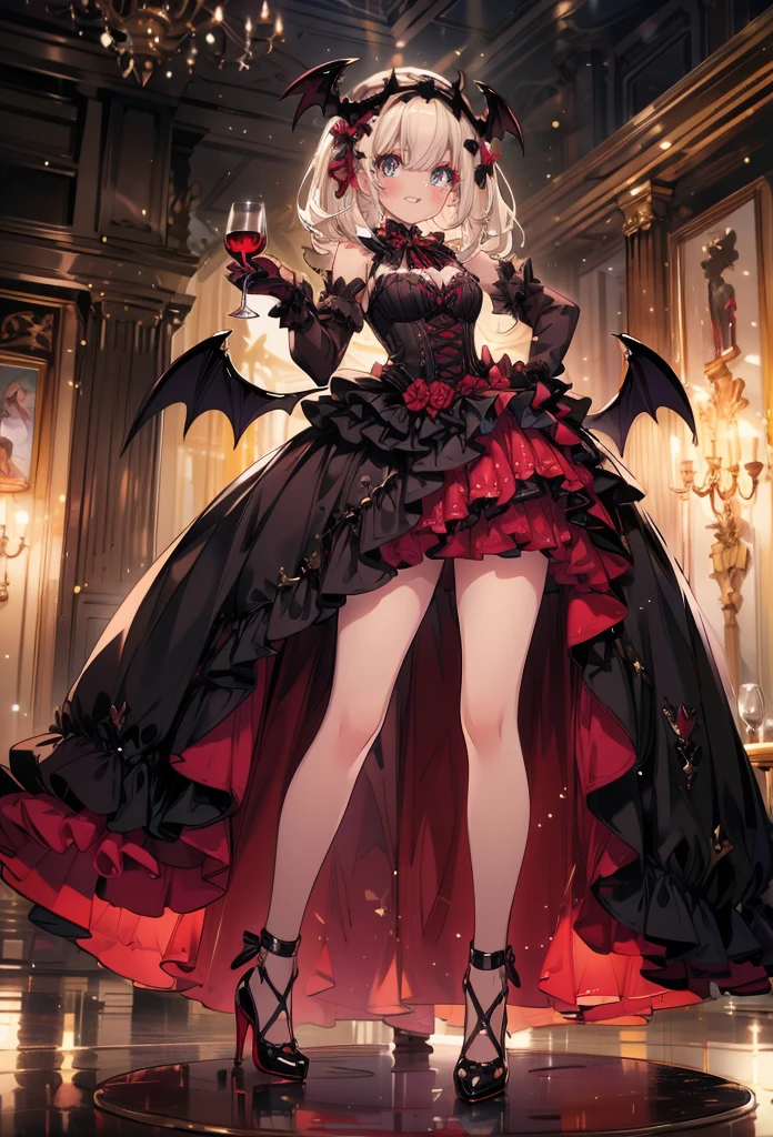 masterpiece, best quality, high resolution, extremely detailed CG, absurdres, highres, 1girl, solo, a vampire girl in  gothic costume, stands with a brandy glass filled with red wine, bat_wings on head, heels, frills, luxury hall, Colorful portraits, grin