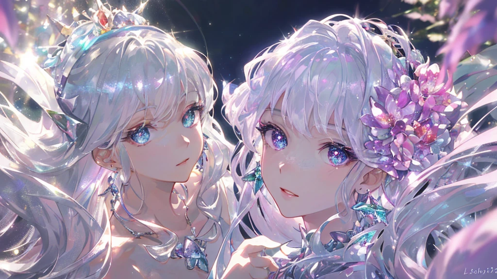 masterpiece, highest quality, figure, alexandrite eyes and hair, platinum earrings, Platinum Necklace, white dress, The Little Mermaid, cute, (dynamic lighting:1.2), cinematic lighting, delicate features, fine eyes, sharp pupils, realistic student, Depth of bounds written, Bokeh, sharp focus, (very detailed, bloom, shine:1.4), Many Small Gems