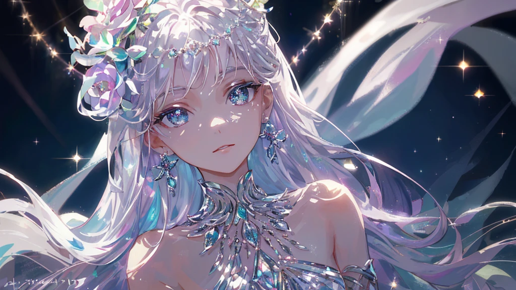 masterpiece, highest quality, figure, alexandrite eyes and hair, platinum earrings, Platinum Necklace, white dress, The Little Mermaid, cute, (dynamic lighting:1.2), cinematic lighting, delicate features, fine eyes, sharp pupils, realistic student, Depth of bounds written, Bokeh, sharp focus, (very detailed, bloom, shine:1.4), Many Small Gems