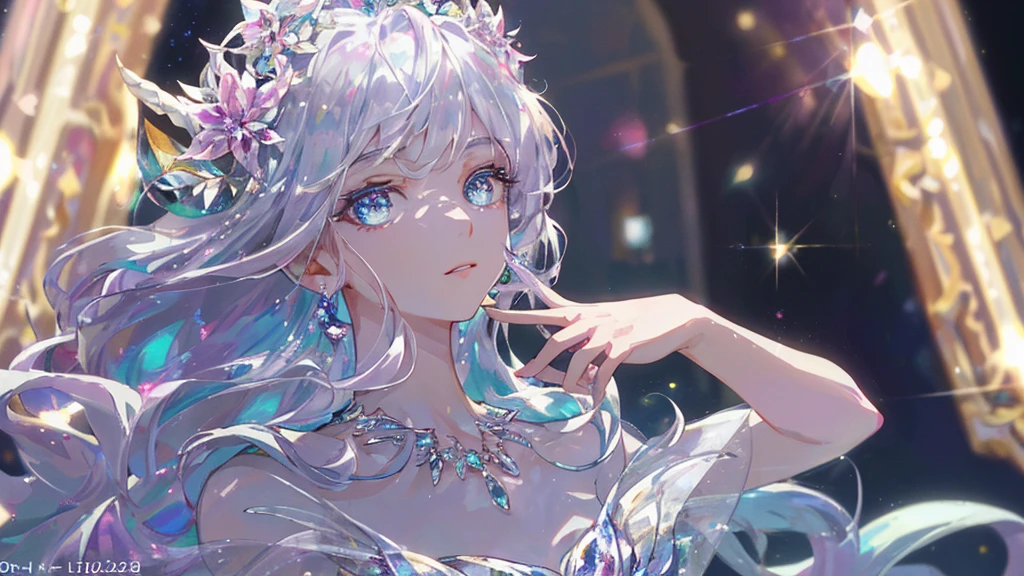 masterpiece, highest quality, figure, alexandrite eyes and hair, platinum earrings, Platinum Necklace, white dress, The Little Mermaid, cute, (dynamic lighting:1.2), cinematic lighting, delicate features, fine eyes, sharp pupils, realistic student, Depth of bounds written, Bokeh, sharp focus, (very detailed, bloom, shine:1.4), Many Small Gems