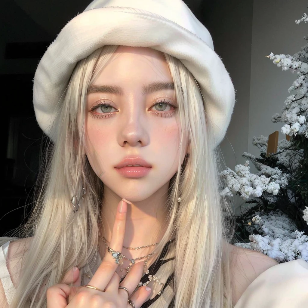 araffe woman with long blonde hair and a white hat making a peace sign, with white long hair, perfect white haired girl, ava max, with long white hair, extremely pale blond hair, belle delphine, white hime cut hairstyle, roseanne park of blackpink, girl with white hair, long white hair and bangs, very very pale blond hair , blackpink jennie , blackpink Lisa , asian famale face , cute girl , Korean famale
