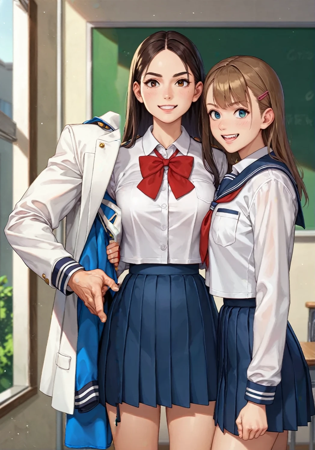 score_9, score_8_up, score_7_up, score_アニメ, (((handsome guy:1.3))), (tall guy), (slim) , (black hair), (hairstyle like kirito), (Blue eyes), (white jackets), (дорогая school uniform), (school uniform), (British style), looking straight into the camera, front view, very confident pose