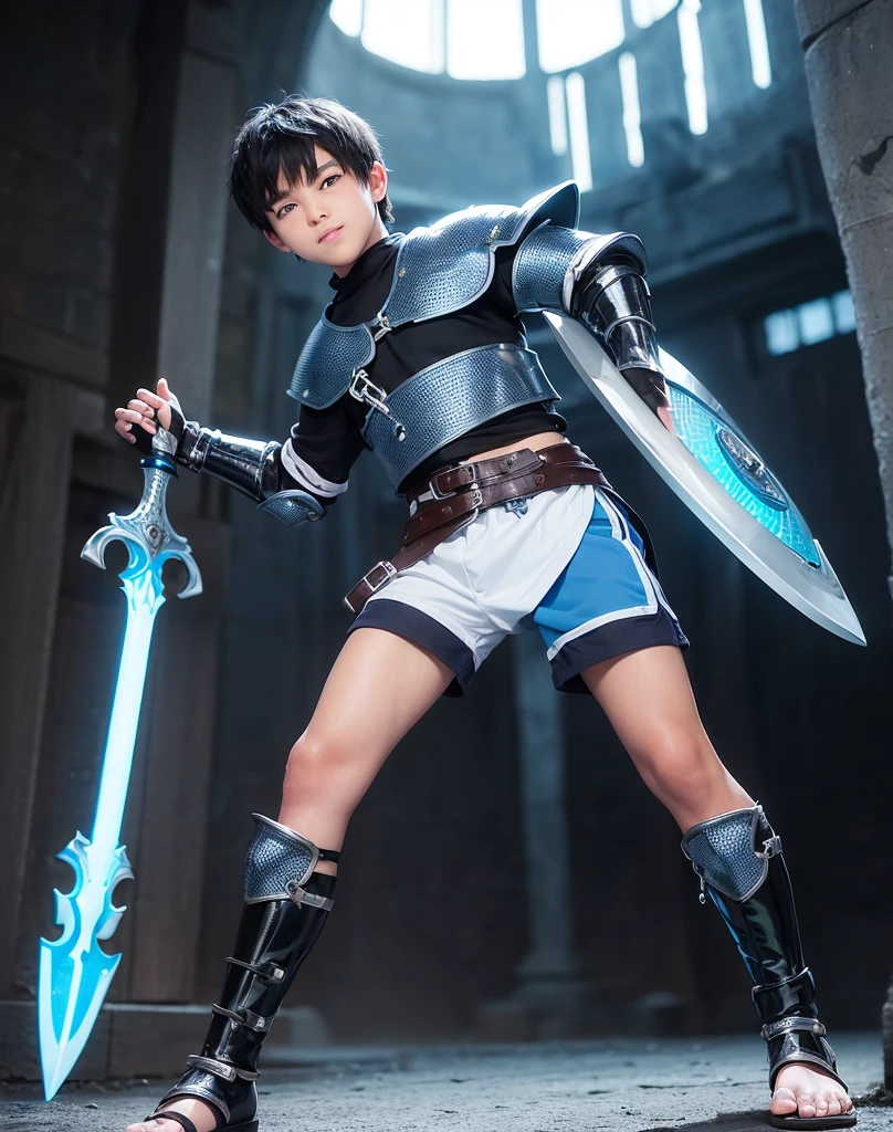 Young 13-year-old boy with black hair and brown eyes, innocent and happy, dressed in short neon-blue medieval barbarian clothes, fur shorts, light-blue battle armor, weilding silver sword and shield, barefoot; fullbody; short hair, boyish athletic, sexy,